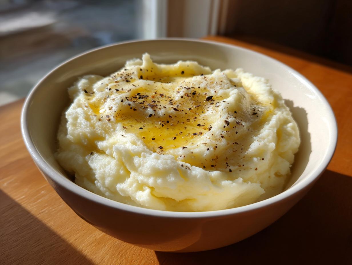 A close-up of a bowl of creamy mashed potatoes topped with melted butter and cracked black pepper.