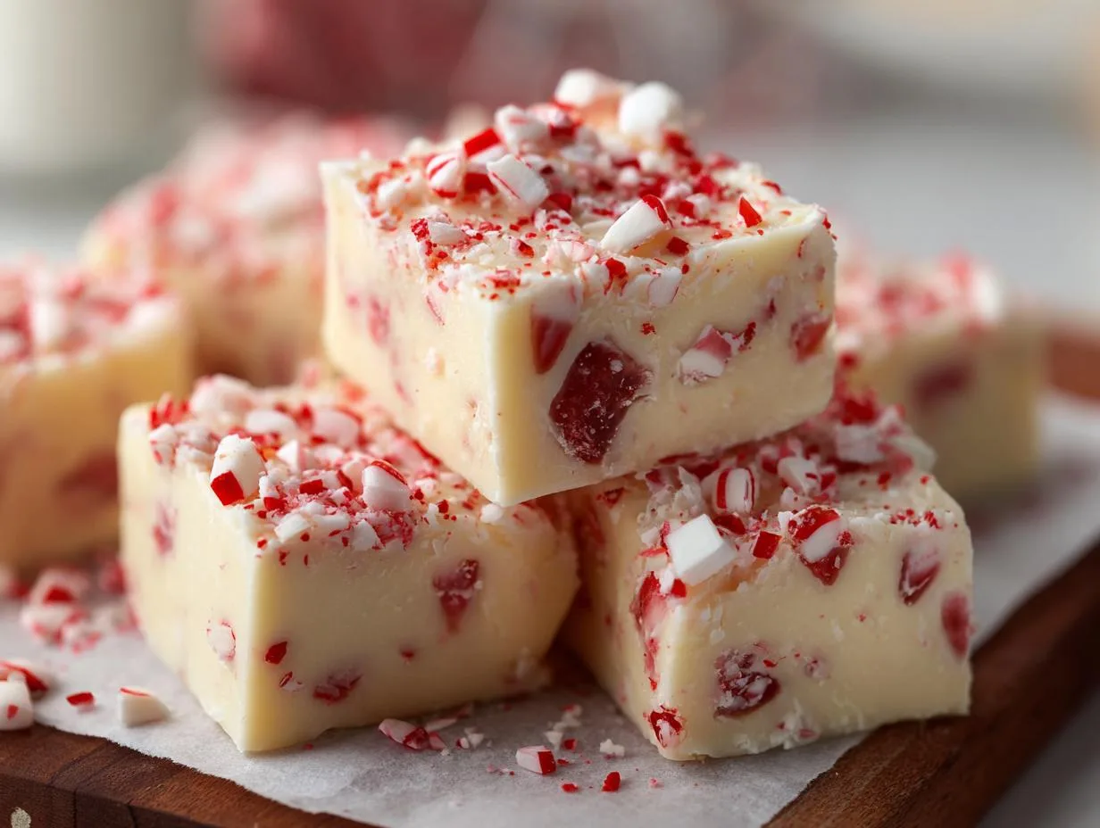 Close-up of creamy white peppermint fudge topped with crushed candy canes.