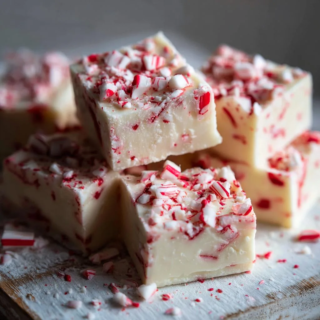Close-up of creamy white peppermint fudge topped with crushed candy canes.