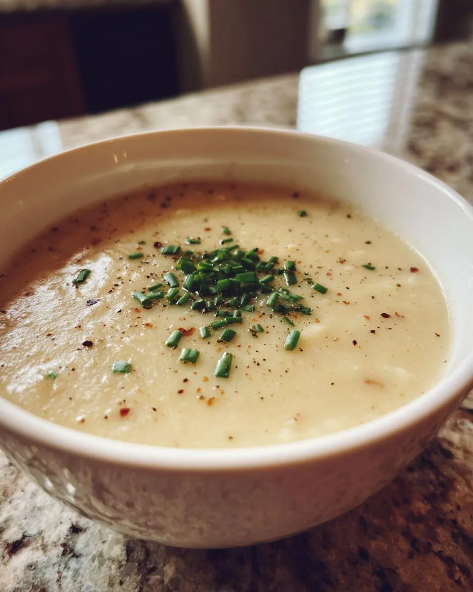 A close-up of a white bowl filled with creamy potato soup, garnished with fresh chives and black pepper.