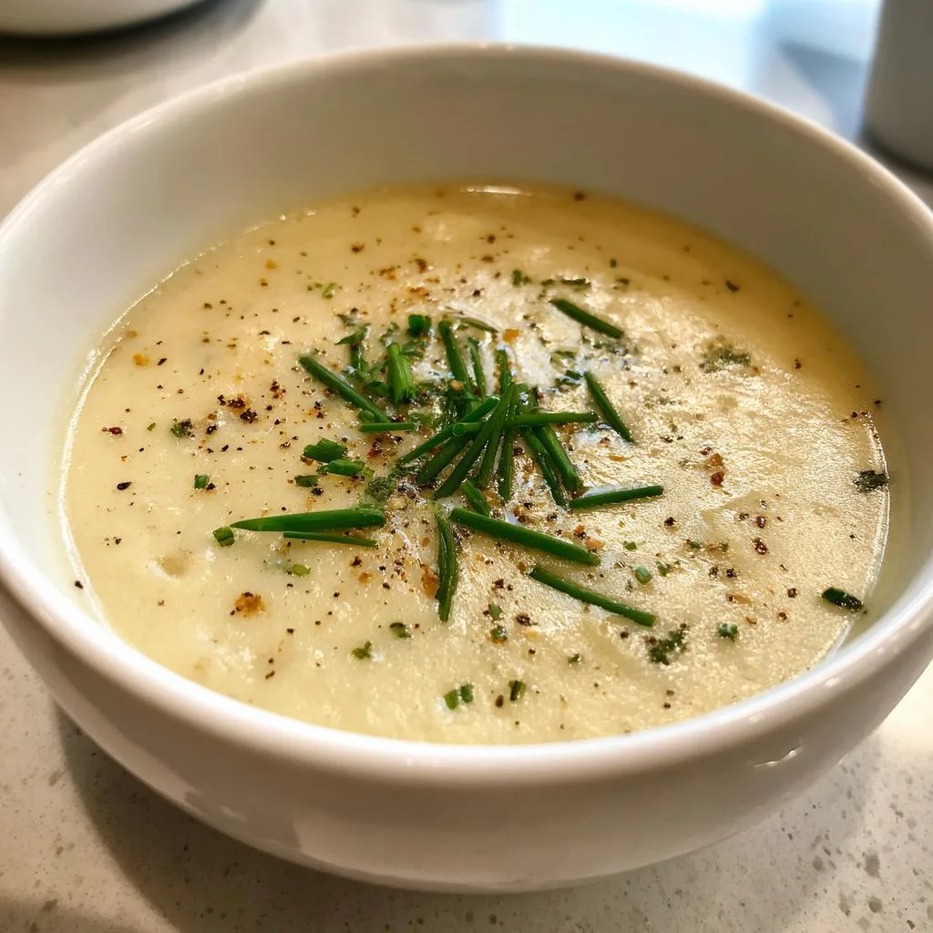 A close-up of a white bowl filled with creamy potato soup, garnished with fresh chives and cracked black pepper.