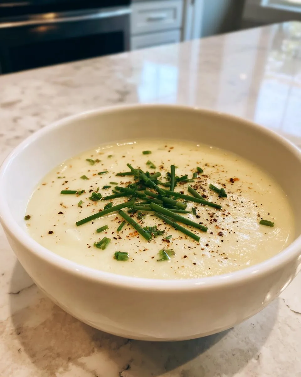 A close-up of a white bowl filled with creamy potato soup, topped with fresh chives and cracked black pepper.