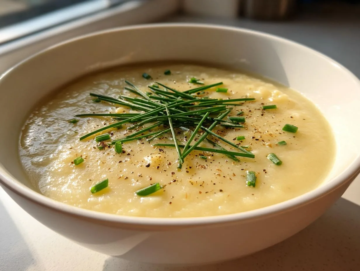 A bowl of creamy potato soup topped with fresh chives and cracked black pepper.
