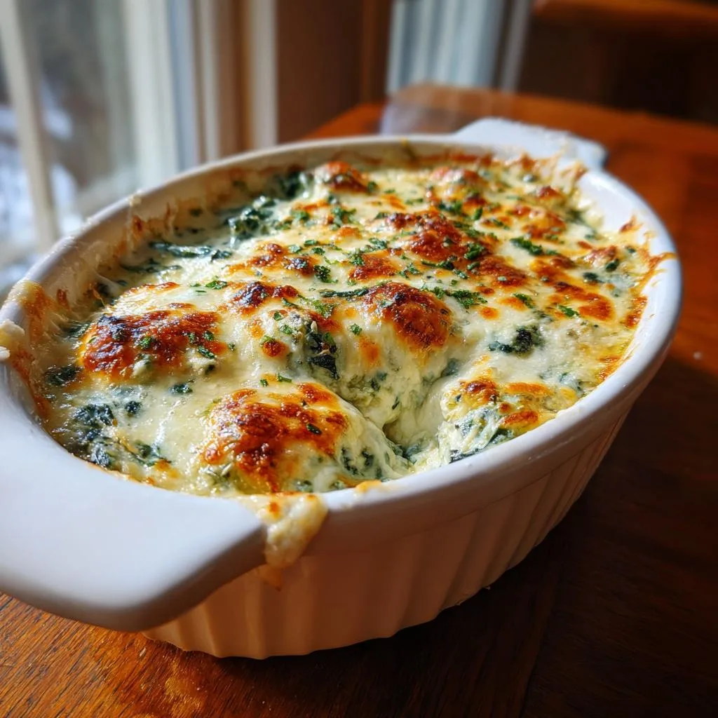 A bubbly, golden-brown baked creamy spinach dip in a white casserole dish, sprinkled with parsley.