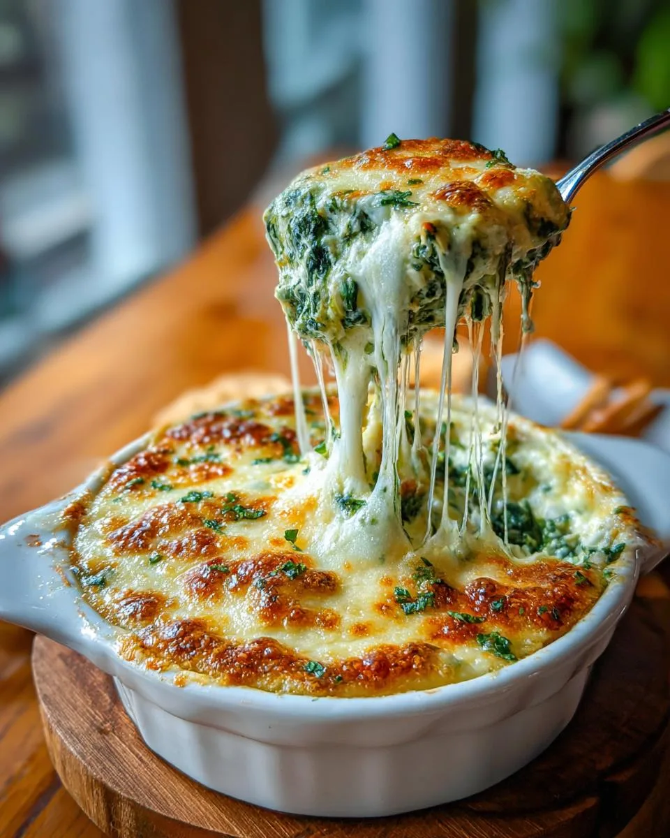 A spoonful lifting out a generous portion of creamy spinach dip, showcasing a long, satisfying cheese pull.