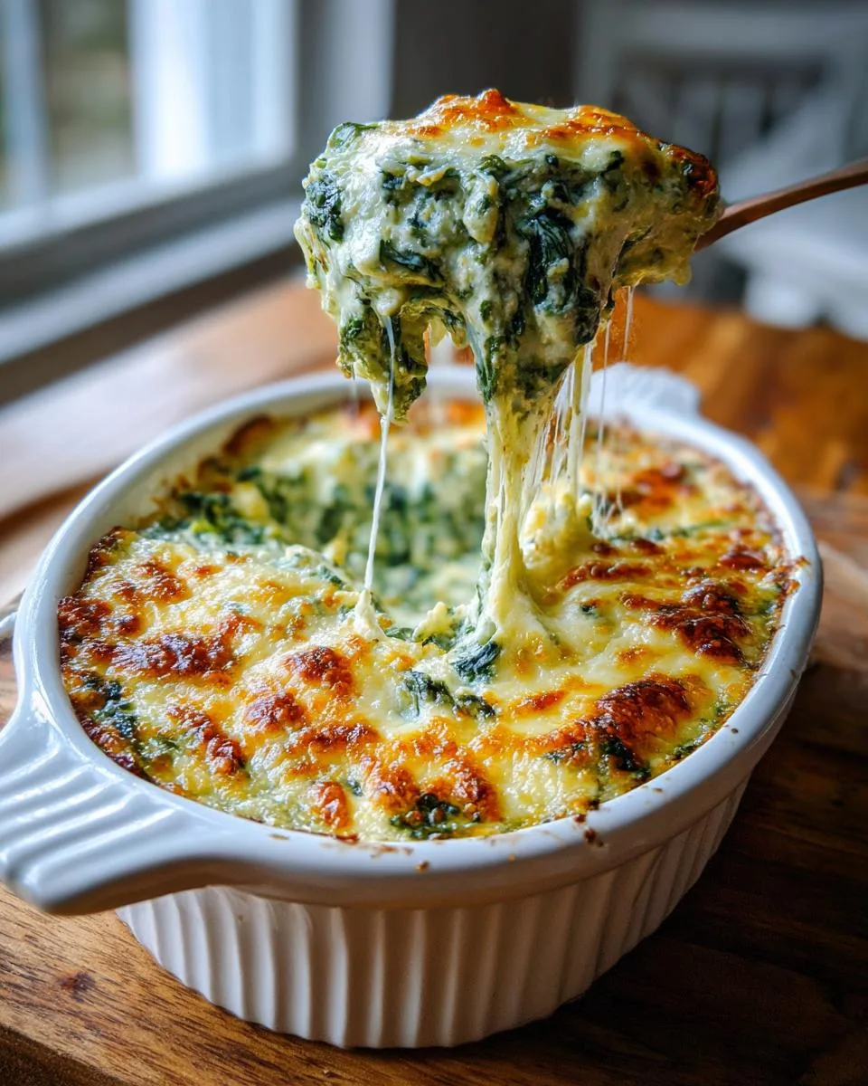 A spoonful lifting a generous portion of hot, creamy spinach dip, with strings of melted cheese stretching from the dish.