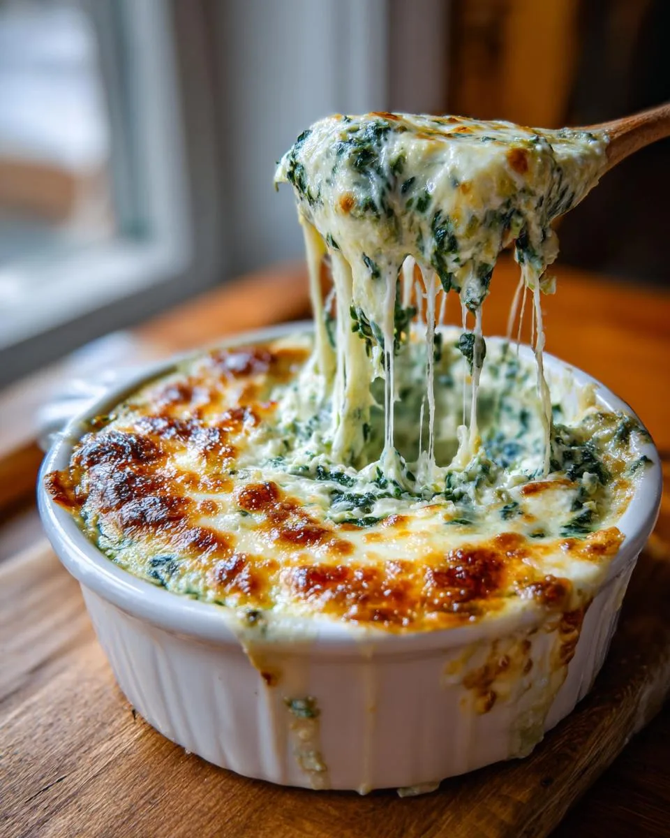 A wooden spoon lifting a generous portion of creamy spinach dip, showcasing its gooey, melted cheese strings.