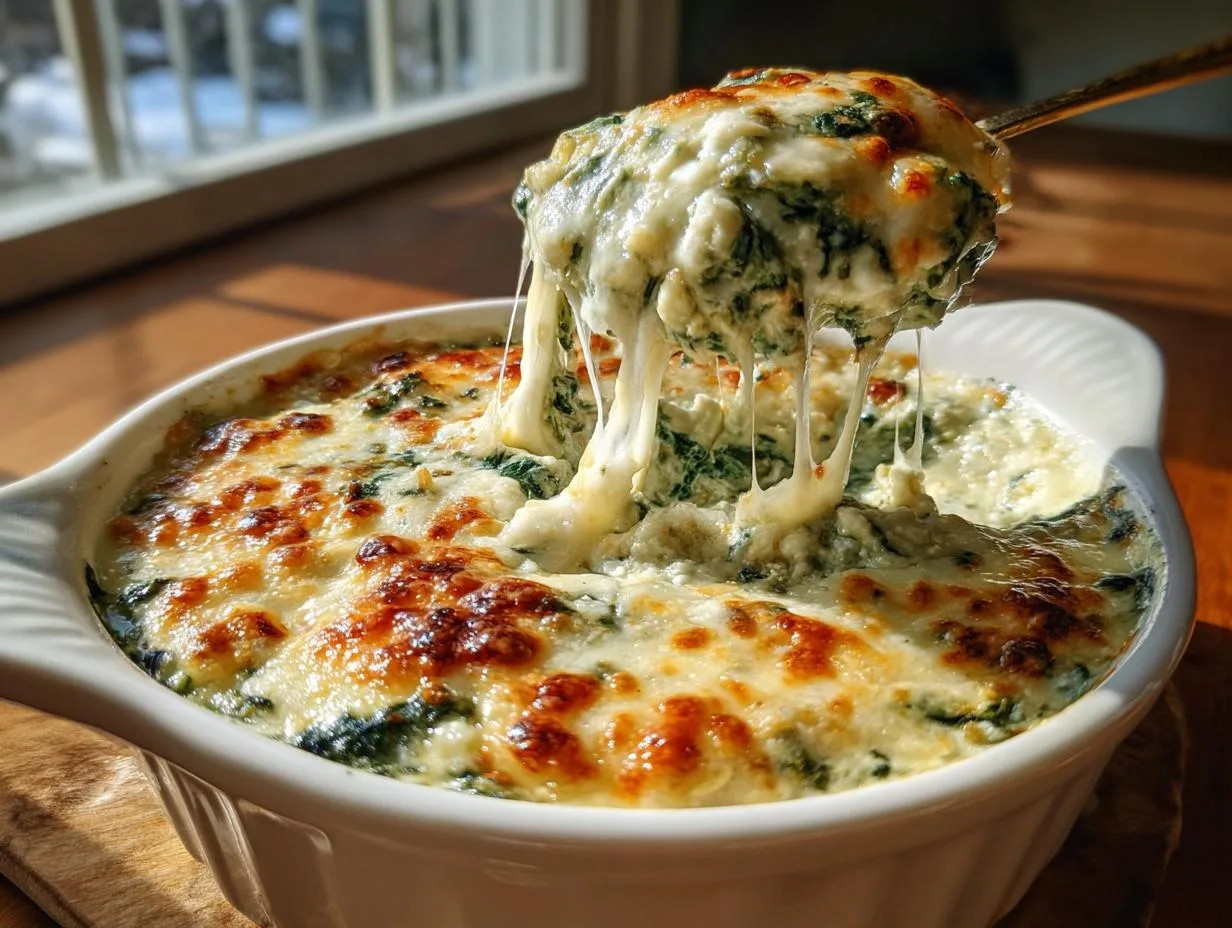 A spoonful of hot, creamy spinach dip overflowing with melted, stringy cheese, fresh from a baking dish.