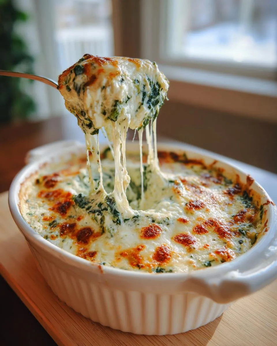 A spoonful lifting out a generous portion of creamy spinach dip, showcasing its gooey, melted cheese strands.