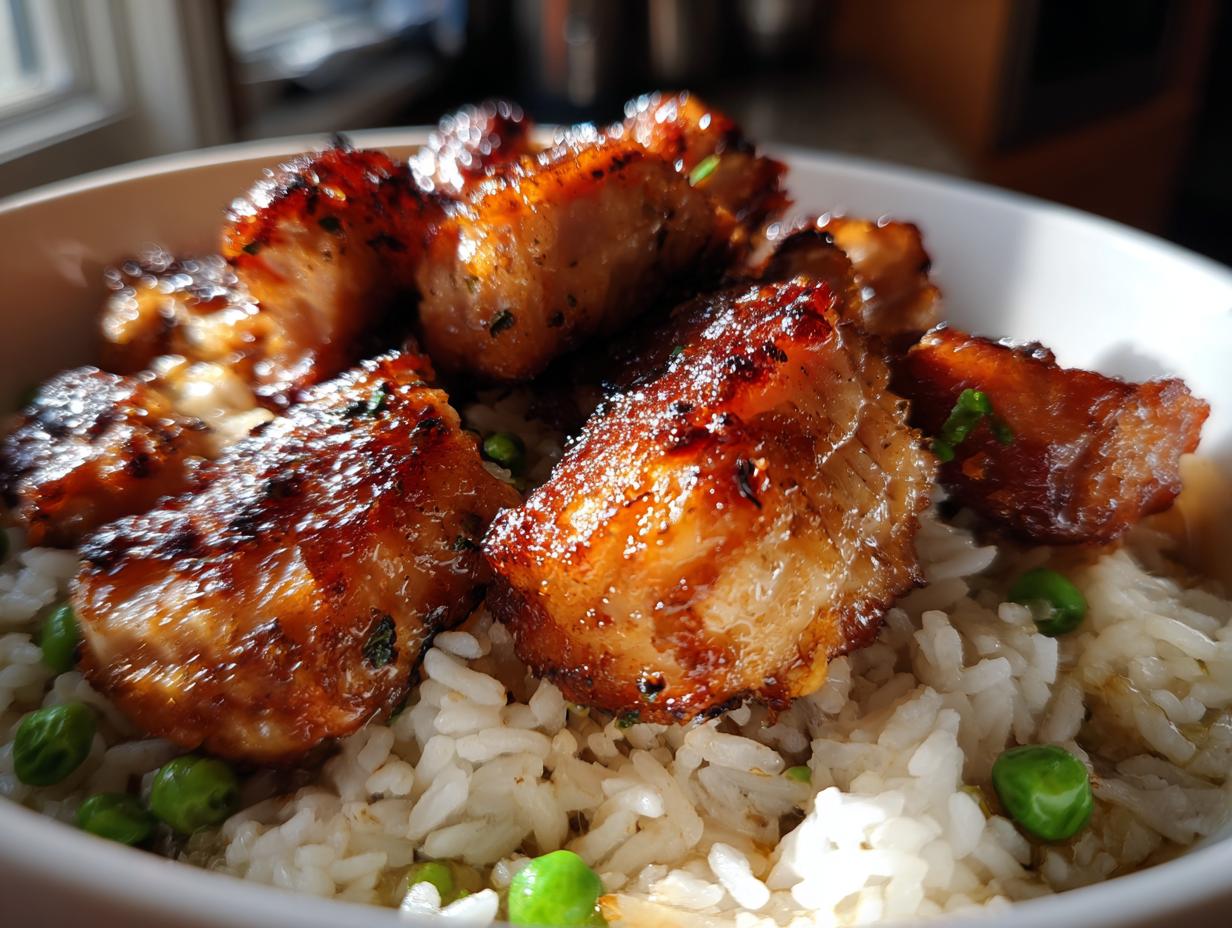 Close-up of crispy pork belly served over white rice and peas, perfect for New Years recipes.