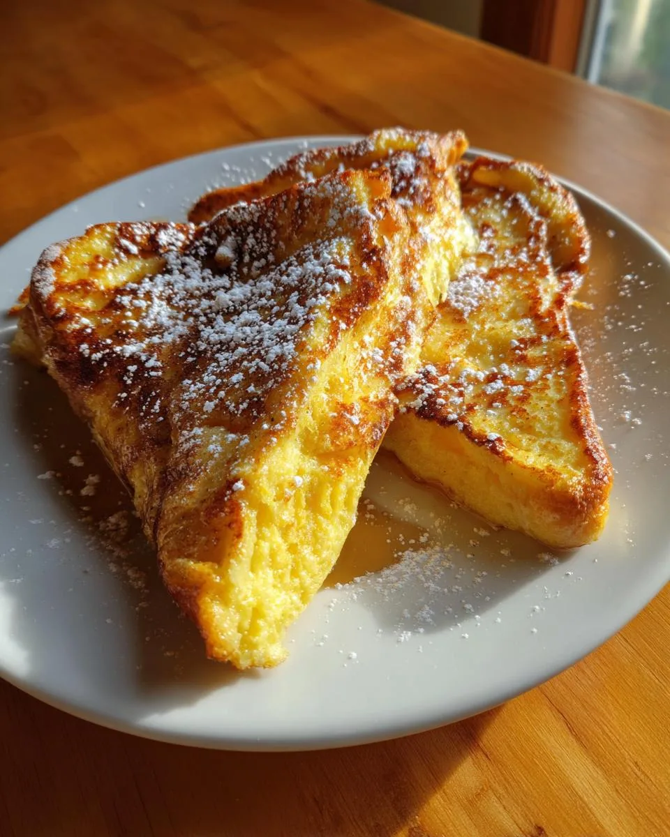 Close-up of golden brown Eggnog French toast slices dusted with powdered sugar on a white plate.