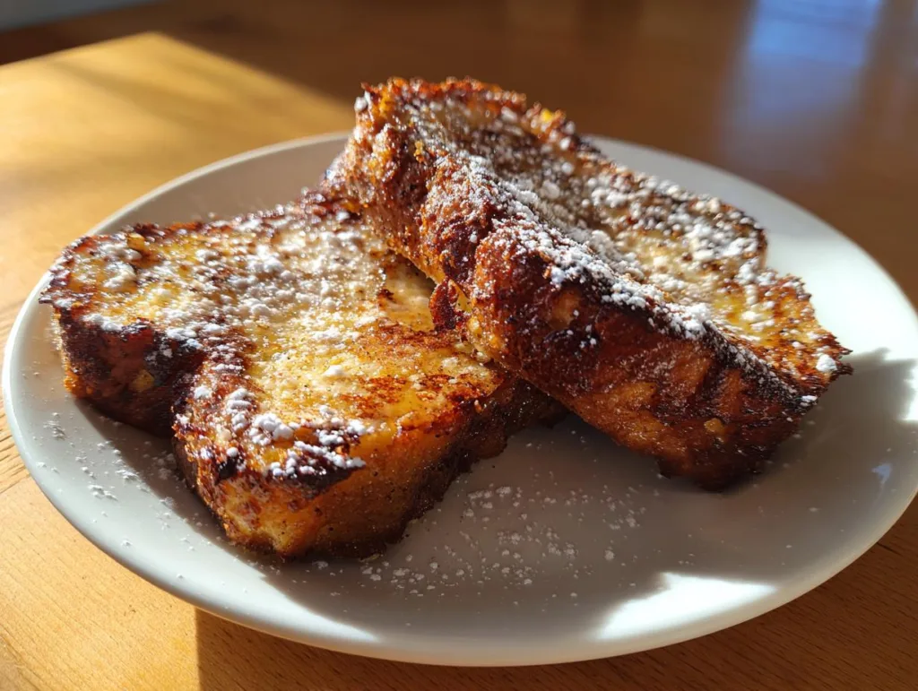 Close-up of golden-brown Eggnog French toast slices dusted with powdered sugar on a white plate.