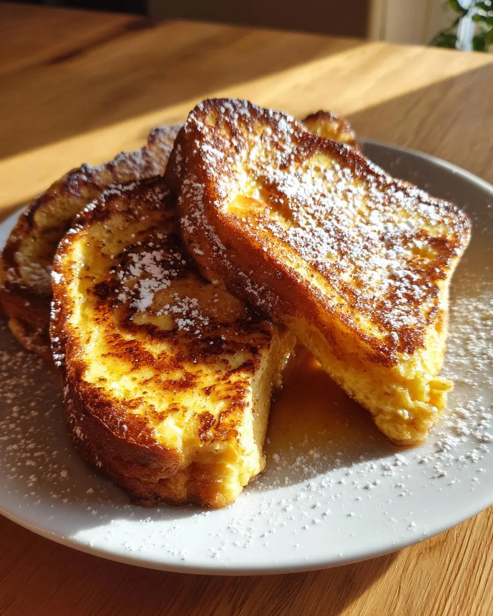 Close-up of golden-brown Eggnog French toast slices dusted with powdered sugar on a white plate.
