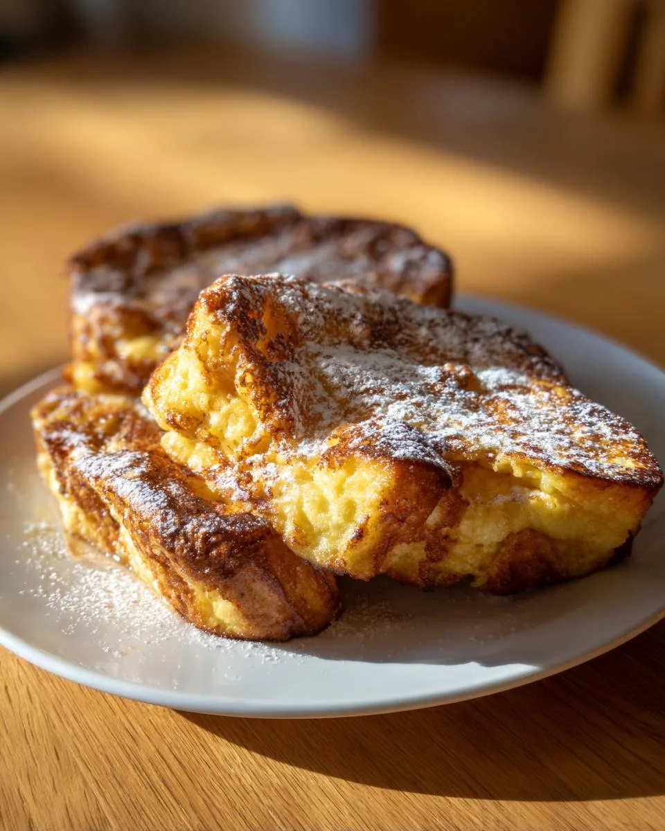 Close-up of golden-brown Eggnog French toast slices dusted with powdered sugar on a white plate.