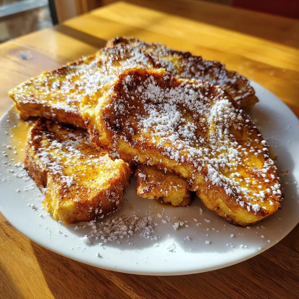 A plate of golden brown Eggnog French toast slices generously dusted with powdered sugar.