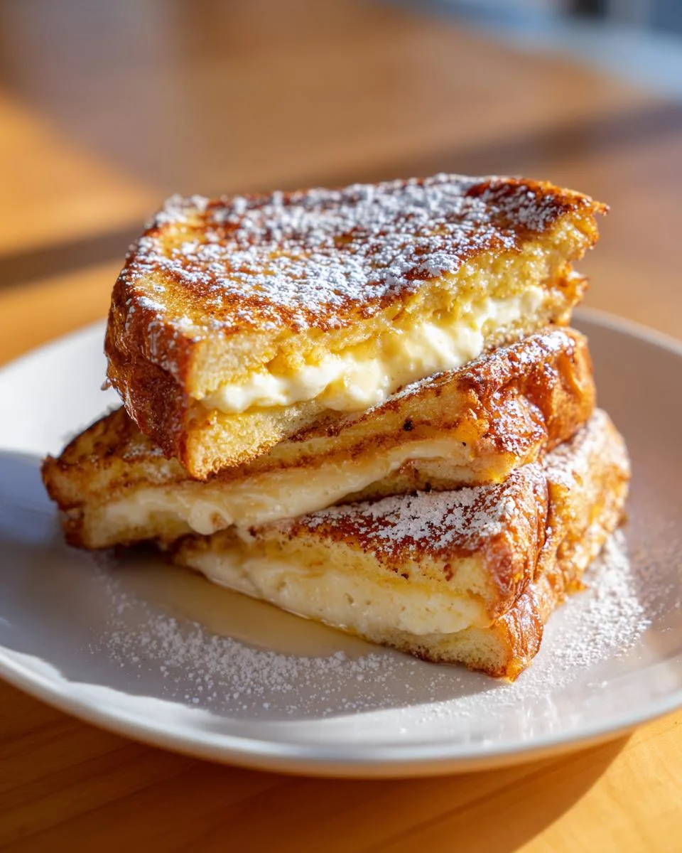 A stack of three golden-brown Eggnog French toast slices, dusted with powdered sugar and filled with creamy custard.