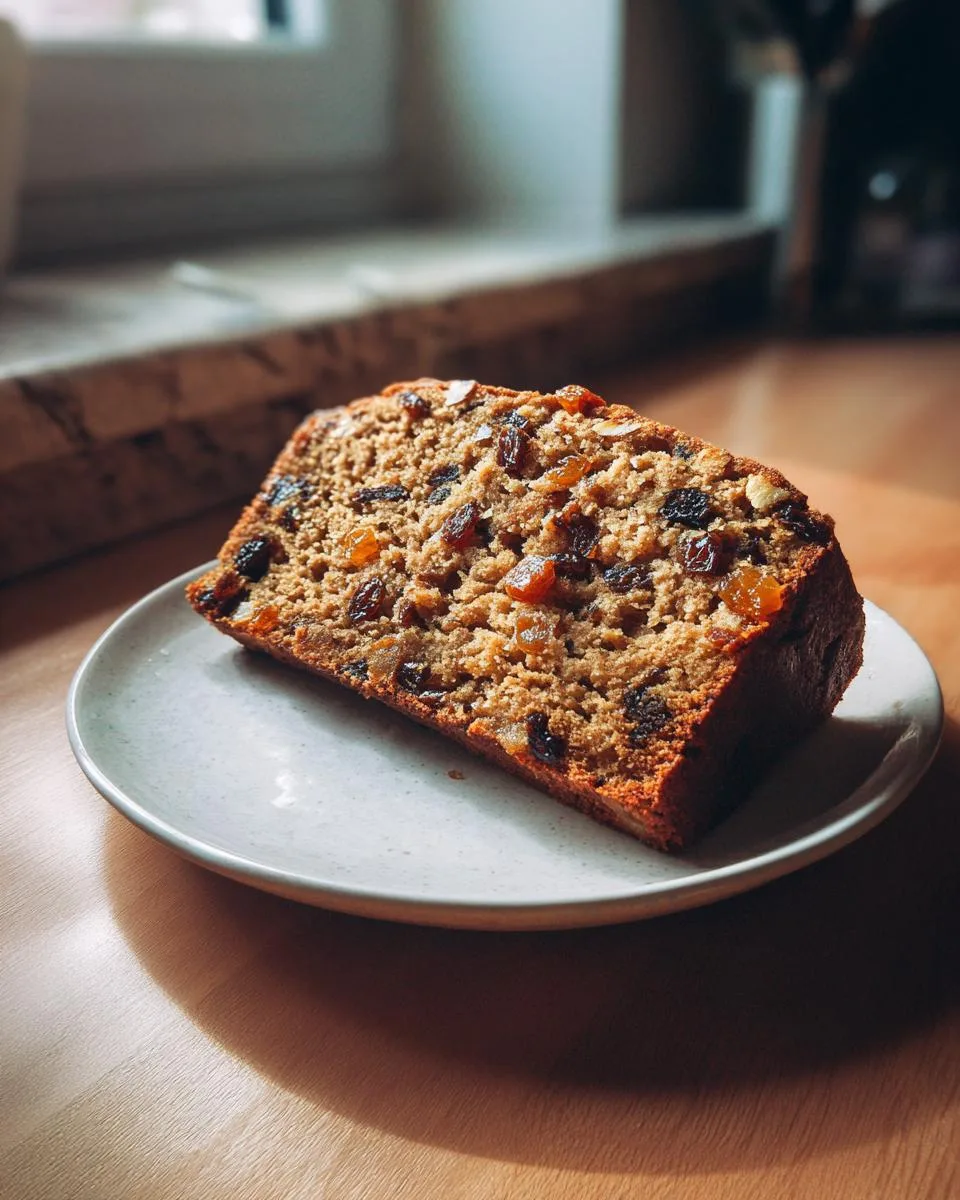 A close-up shot of a moist slice of festive fruitcake, packed with plump raisins and candied peel, served on a light-colored plate.