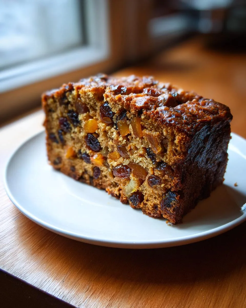 A generous slice of festive fruitcake filled with dried fruits and spices, served on a white plate.