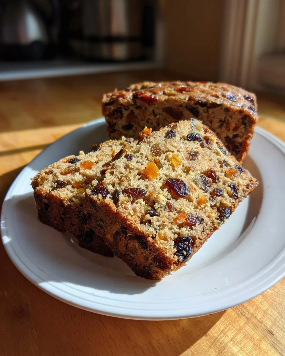 Close-up of two slices of festive fruitcake on a white plate, packed with dried fruits.