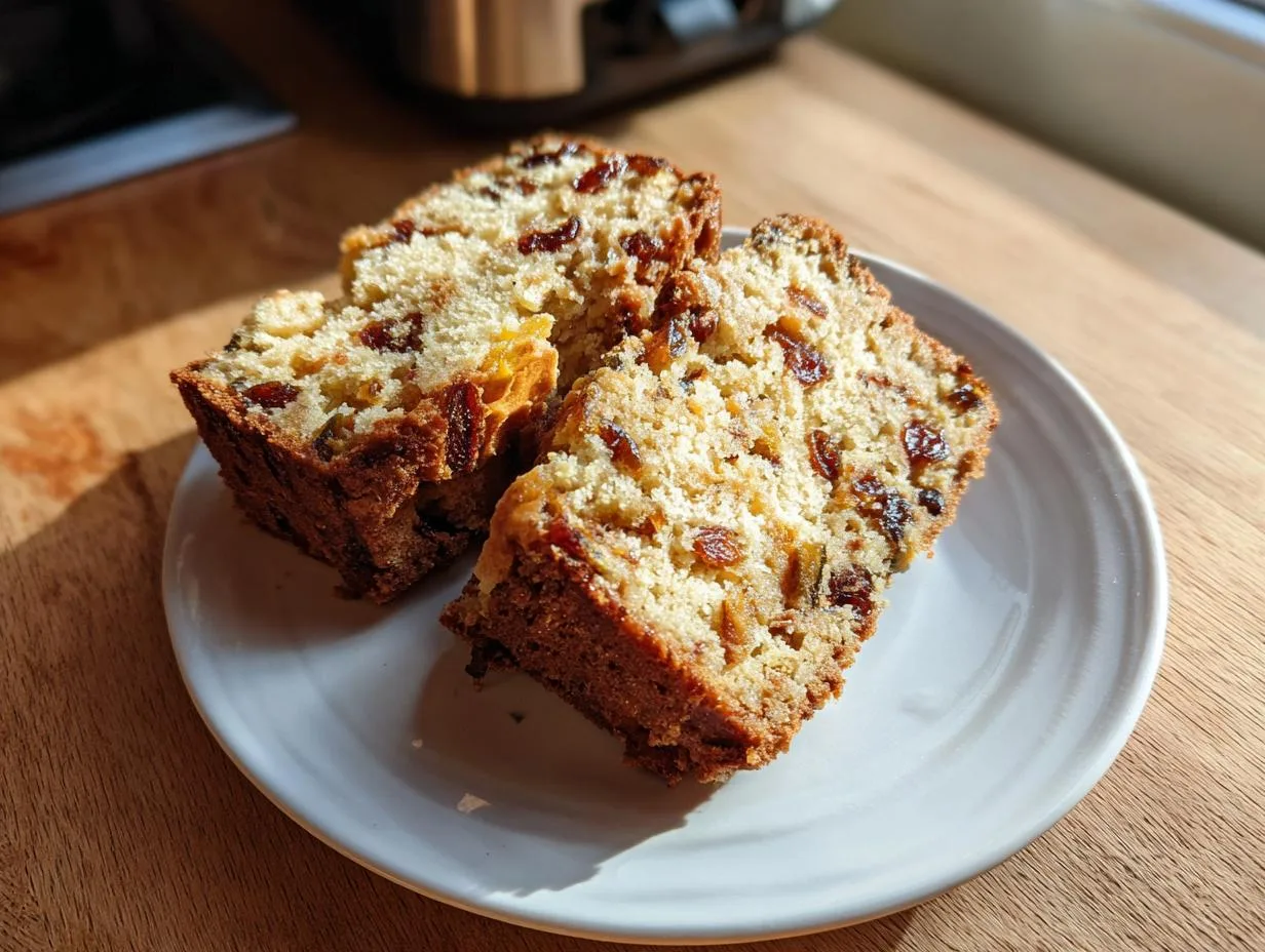 Close-up of two slices of moist Festive Fruitcake with visible dried fruits on a white plate.