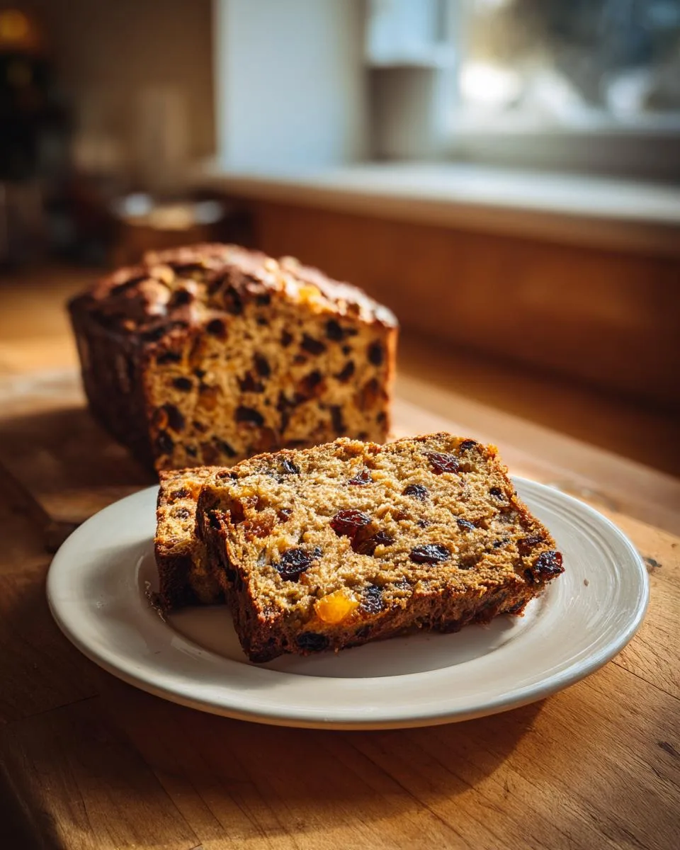 Two slices of festive fruitcake on a white plate, with a whole loaf in the background.