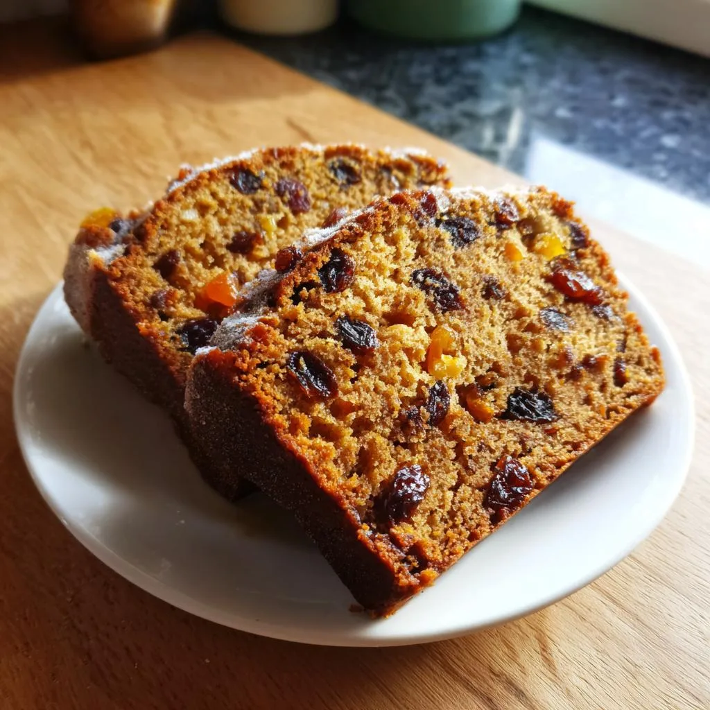 Two slices of moist Festive Fruitcake loaded with raisins and dried fruit, dusted with powdered sugar.