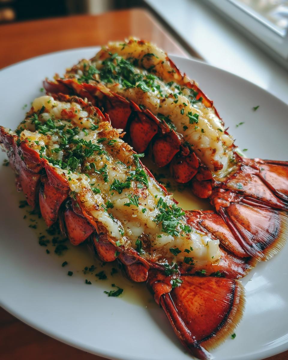 Close-up of two perfectly cooked lobster tails, brushed with garlic butter and sprinkled with fresh parsley.