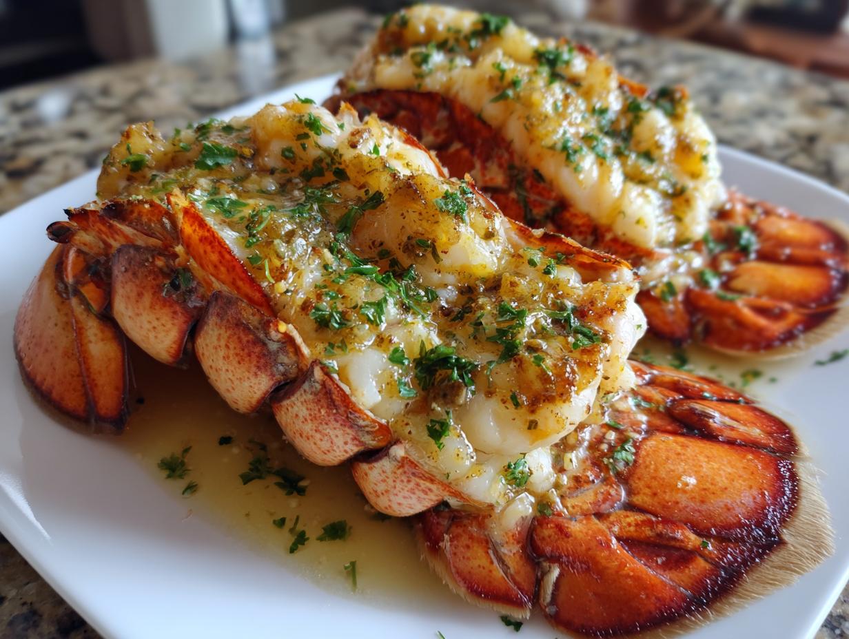 Close-up of two perfectly cooked lobster tails, brushed with garlic butter and sprinkled with fresh parsley.