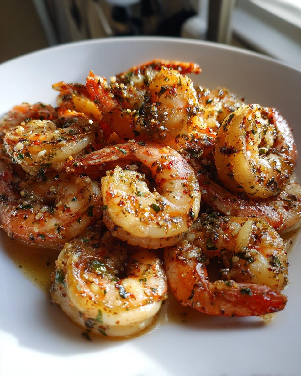 Close-up of a white bowl filled with glistening garlic butter shrimp, seasoned with herbs and spices.