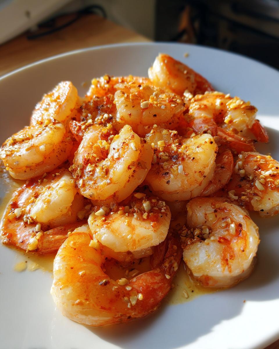 A close-up of a white plate filled with glistening garlic butter shrimp, seasoned with herbs and spices.