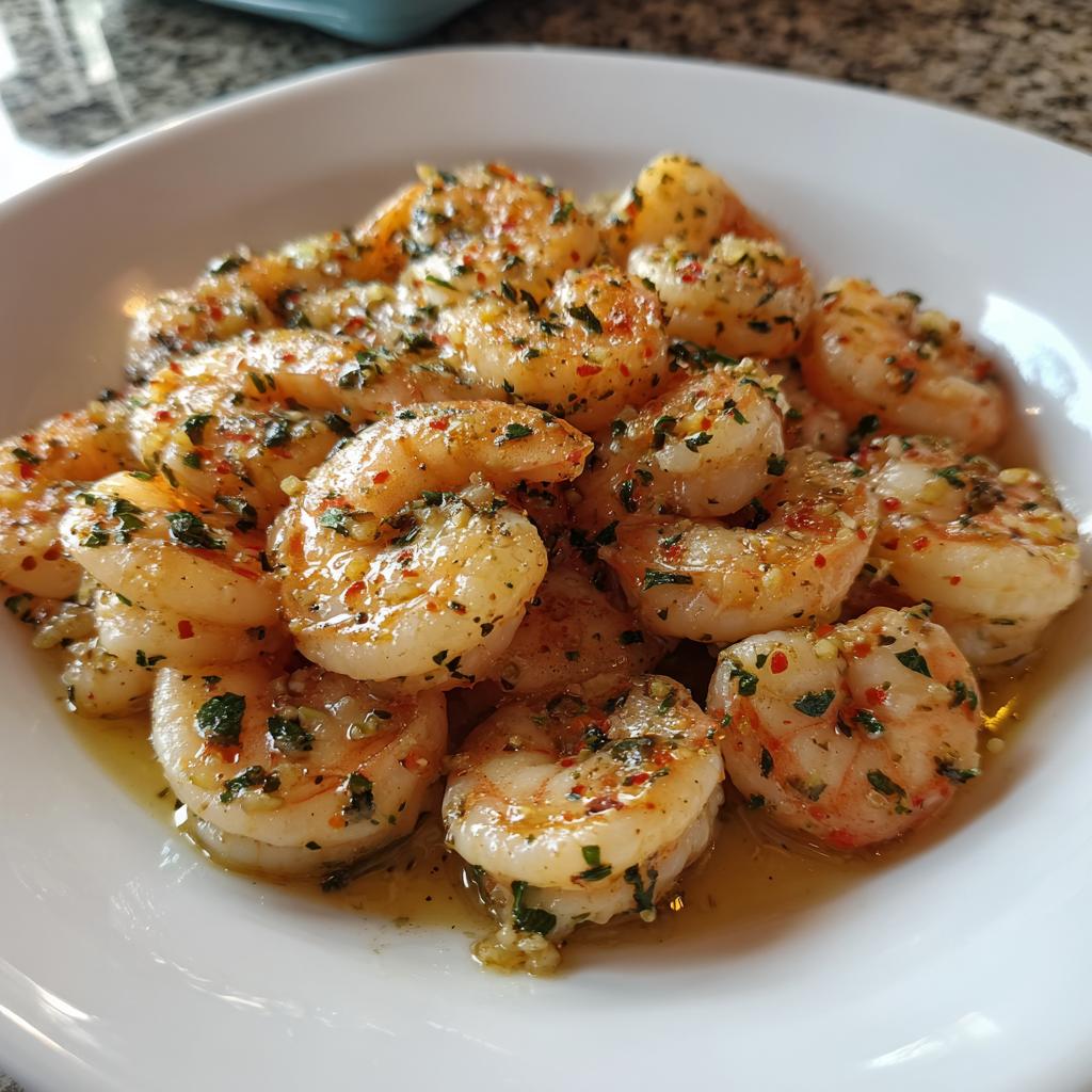 Close-up of a white bowl filled with glistening garlic butter shrimp, seasoned with herbs and spices.