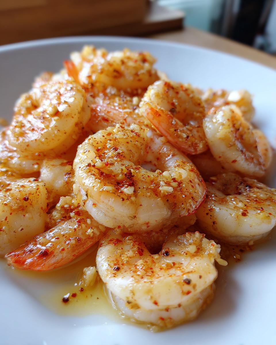Close-up of a pile of glistening garlic butter shrimp, seasoned with red pepper flakes, ready for quick shrimp recipes.