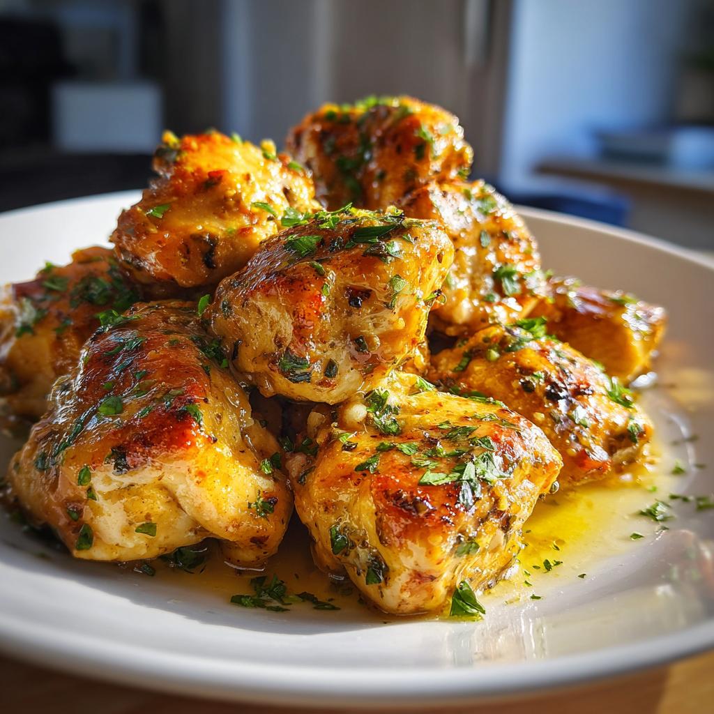 Close-up of golden-brown garlic herb chicken bites drizzled with sauce and sprinkled with parsley.