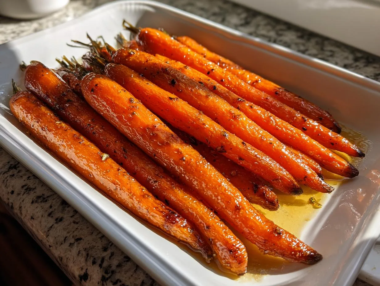 A white baking dish filled with glistening, tender garlic roasted carrots, seasoned with herbs.