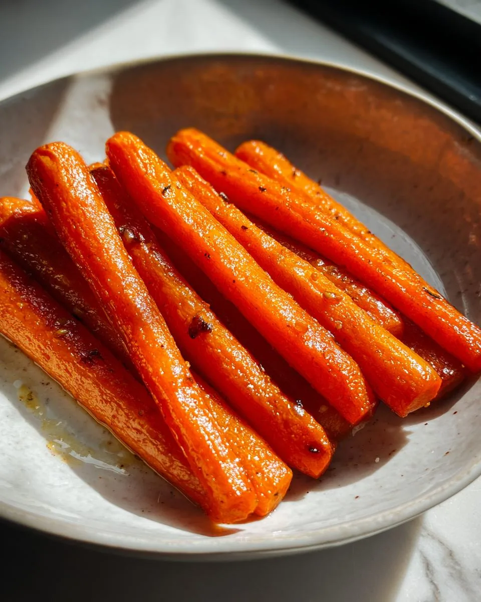 A close-up of glossy, tender garlic roasted carrots piled on a rustic plate.