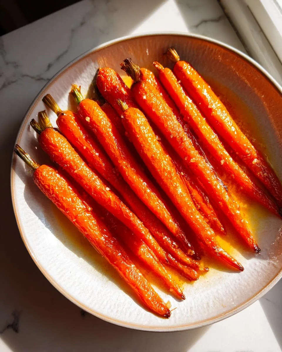 A close-up overhead view of a plate filled with glistening garlic roasted carrots, seasoned with salt.