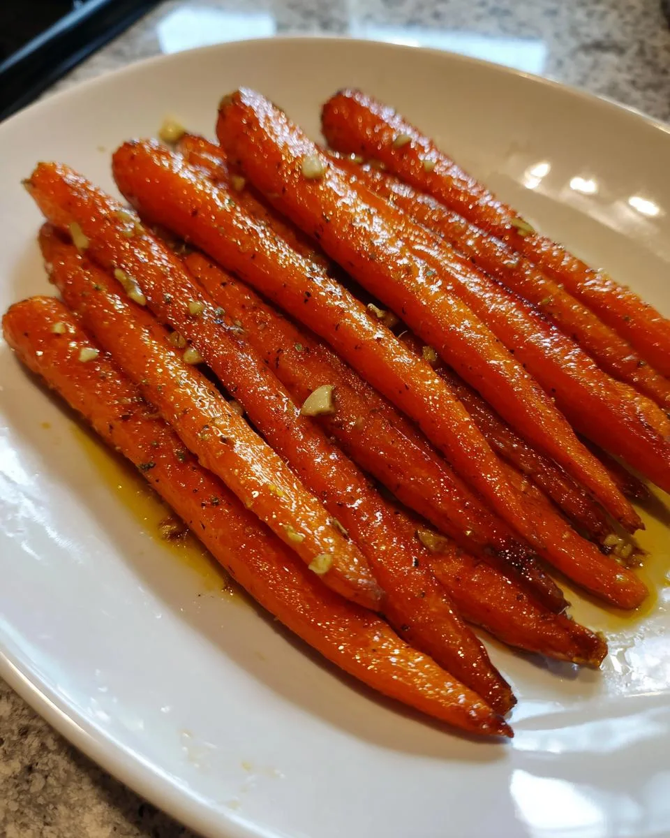 A close-up of bright orange garlic roasted carrots glistening with oil and herbs on a white plate.