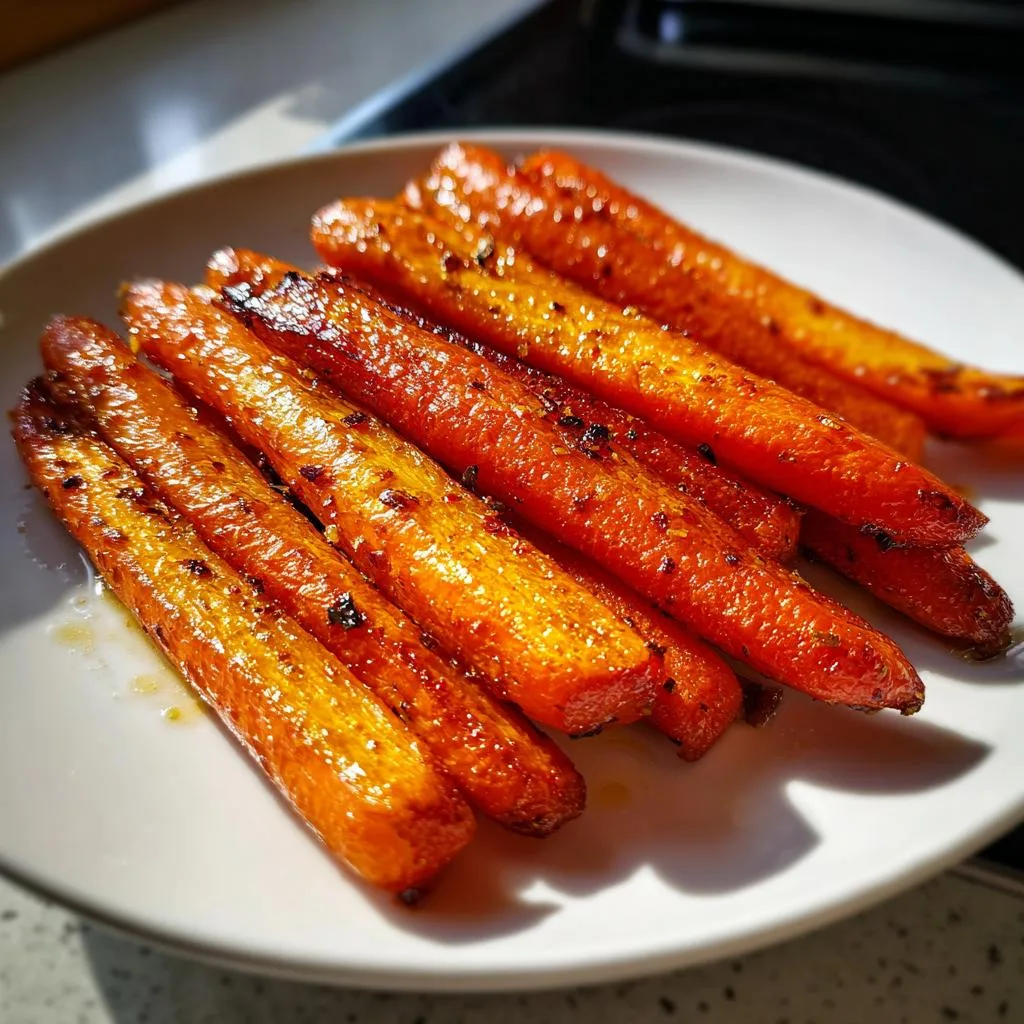 A close-up of perfectly roasted garlic carrots, glistening with glaze on a white plate.