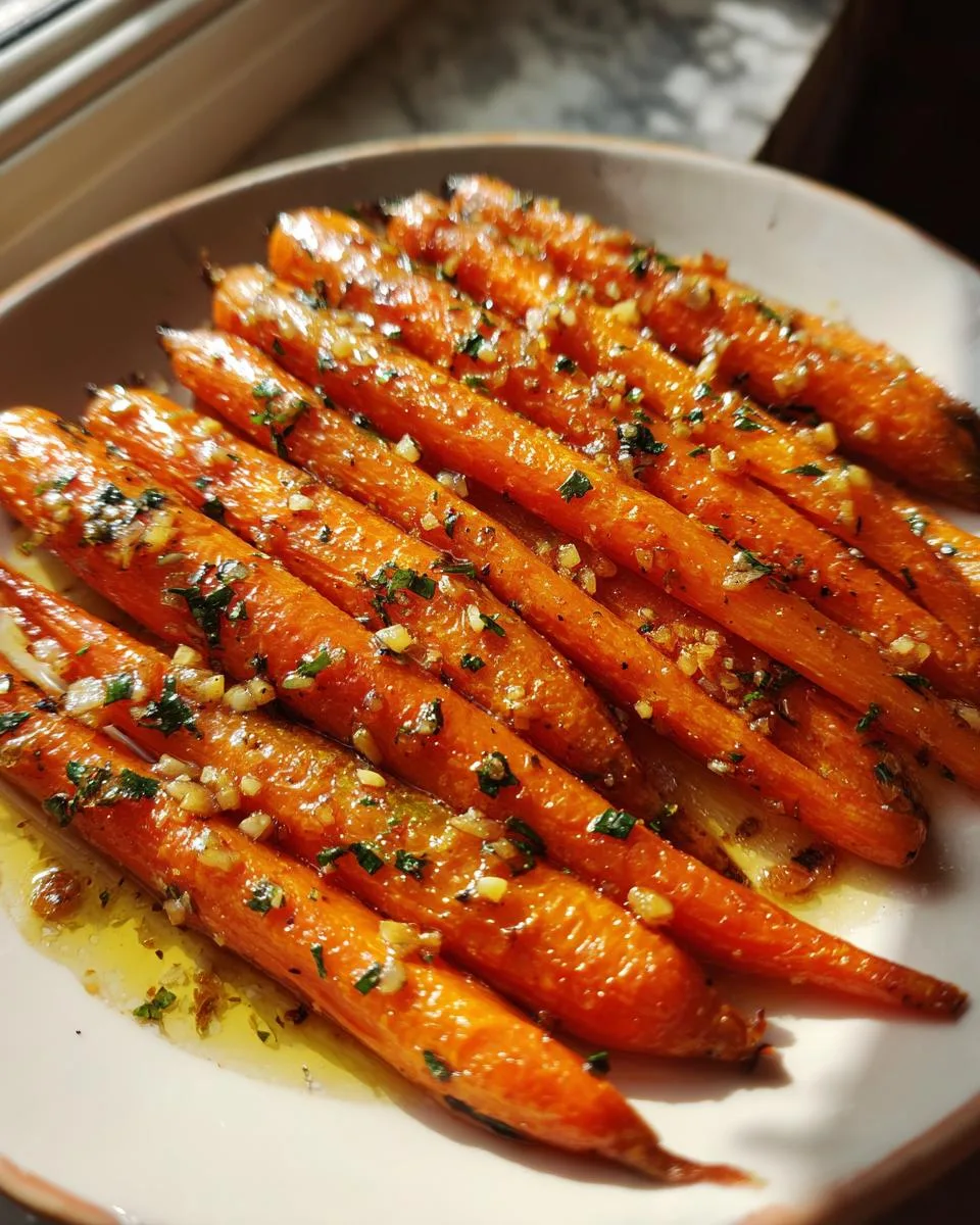 A close-up of tender, glossy garlic roasted carrots sprinkled with fresh parsley.