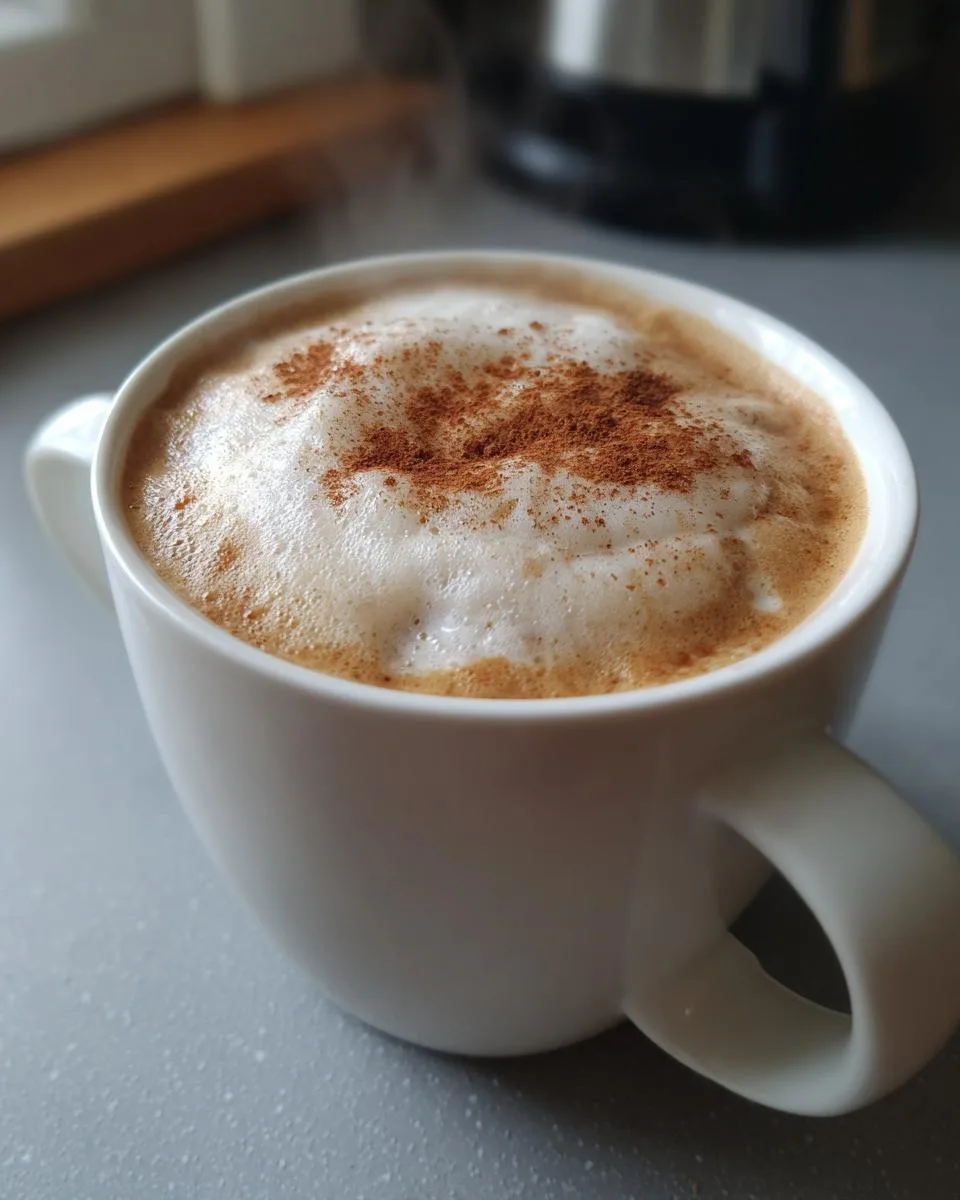 A close-up of a steaming white mug filled with a frothy Gingerbread Latte, topped with cinnamon.