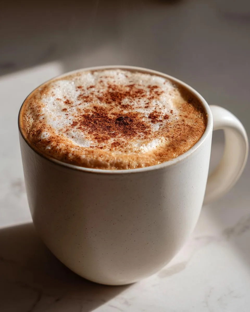 A creamy Gingerbread latte topped with foamed milk and dusted with cinnamon in a white mug.