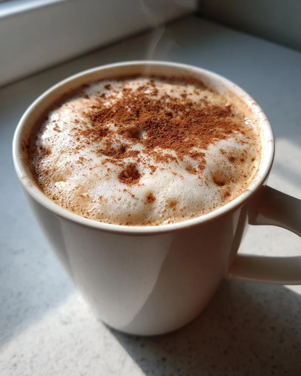 A close-up of a white mug filled with a steaming Gingerbread Latte, topped with frothy milk and dusted with cinnamon.