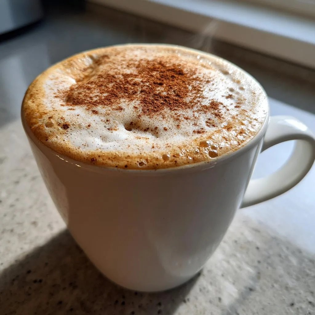 A close-up of a steaming white mug filled with a frothy gingerbread latte, dusted with cinnamon.