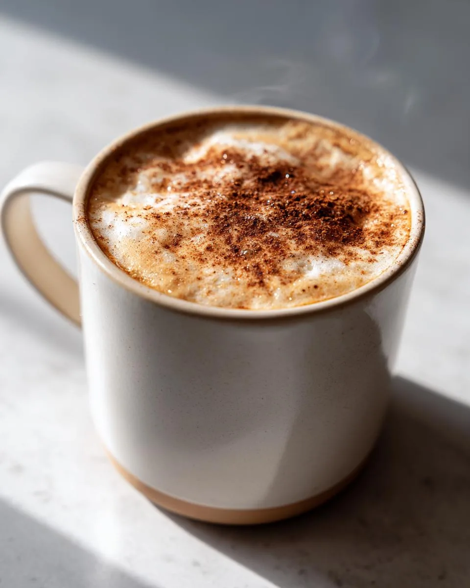 A close-up of a steaming Gingerbread Latte in a white mug, topped with frothy milk and a sprinkle of cinnamon.