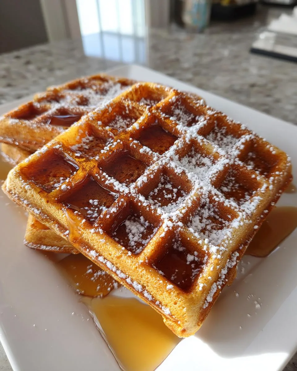 Close-up of two golden-brown gingerbread waffles topped with powdered sugar and drizzled with syrup.