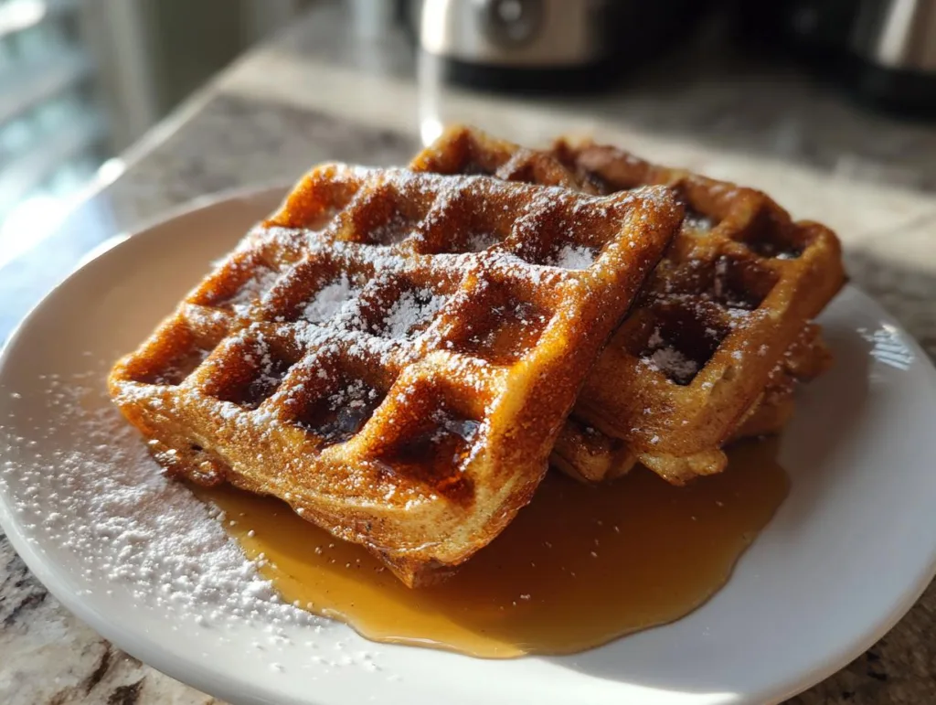 A stack of fluffy gingerbread waffles dusted with powdered sugar and drizzled with syrup on a white plate.