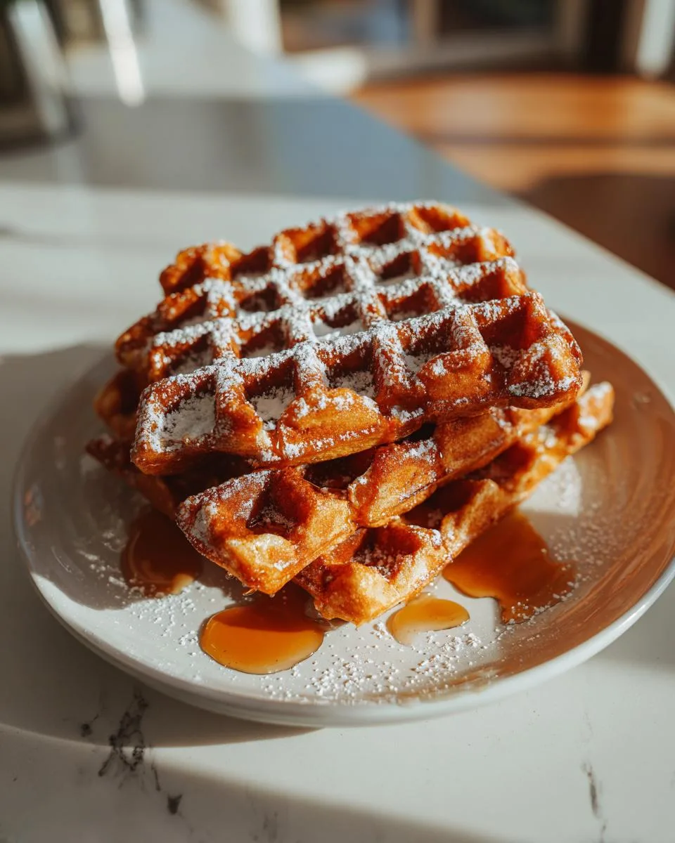 A stack of golden-brown gingerbread waffles dusted with powdered sugar and drizzled with syrup.