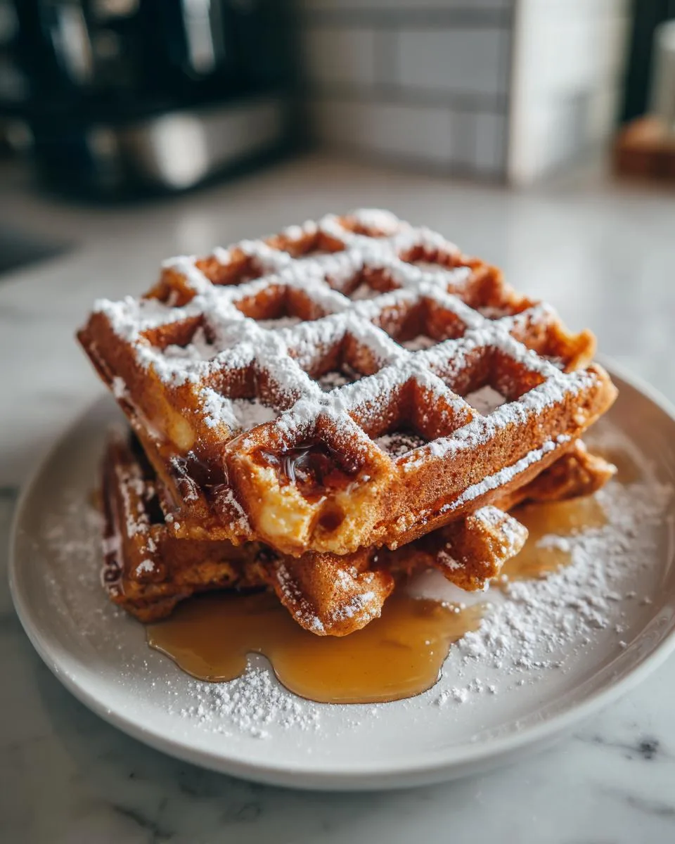 A stack of golden-brown gingerbread waffles dusted with powdered sugar and drizzled with syrup.