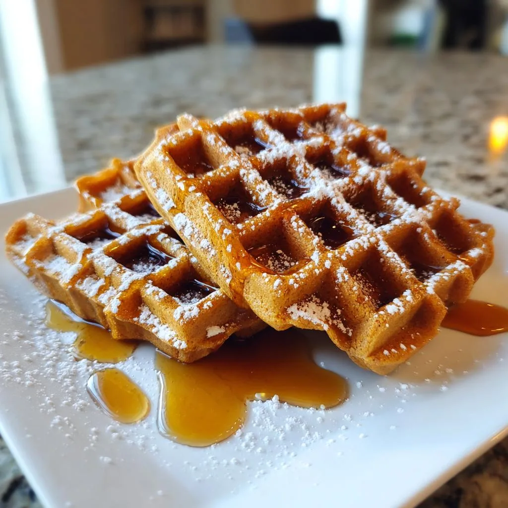 Close-up of two golden-brown gingerbread waffles drizzled with syrup and dusted with powdered sugar on a white plate.