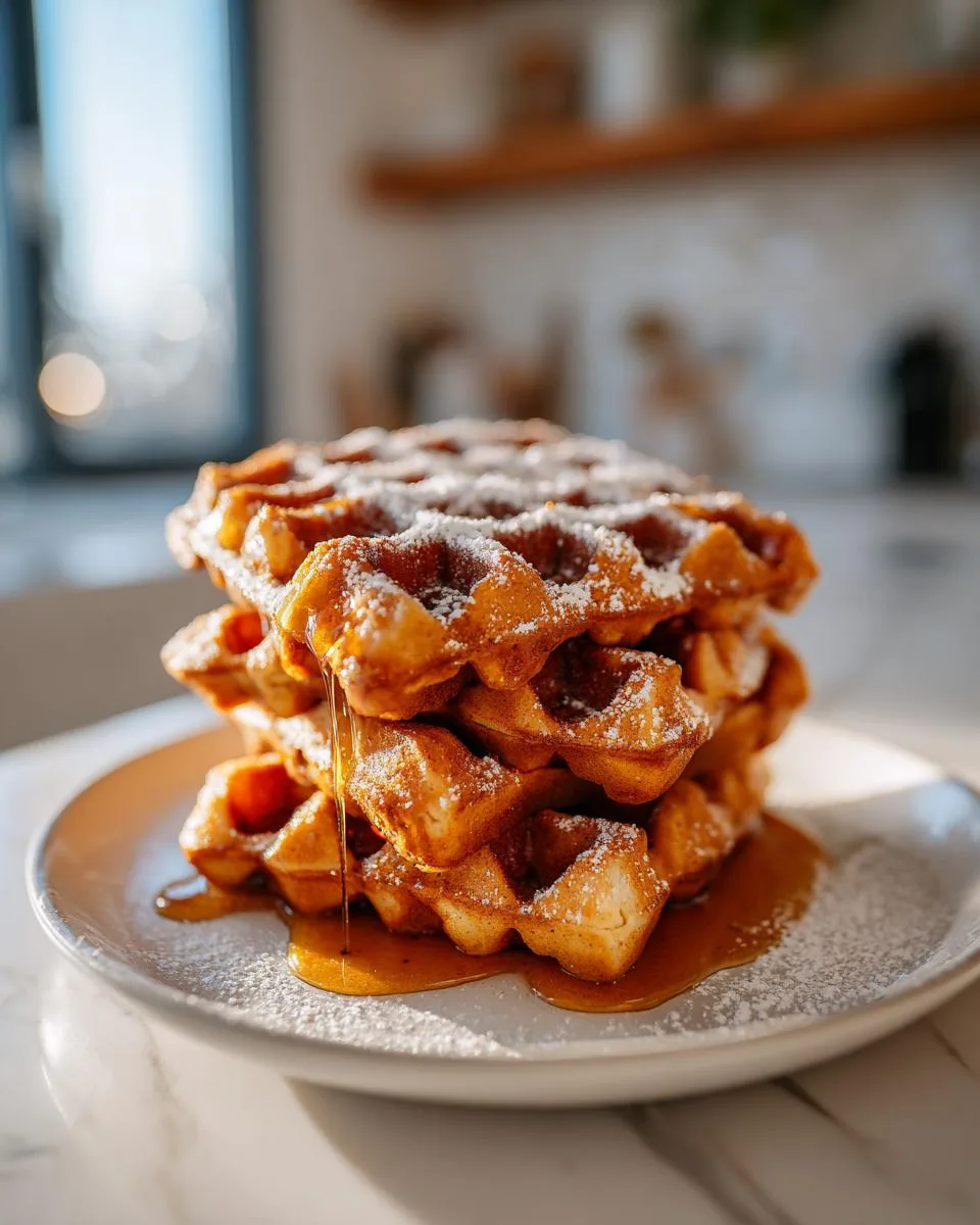 A tall stack of golden-brown gingerbread waffles generously dusted with powdered sugar and drizzled with syrup.
